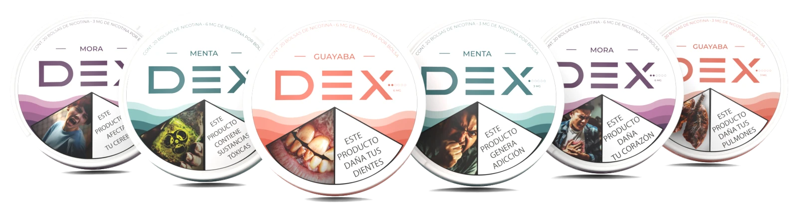 Línea DEX — latas de bolsas de nicotina sin tabaco en tres sabores